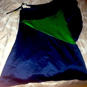 One shoulder navy blue and green dress
